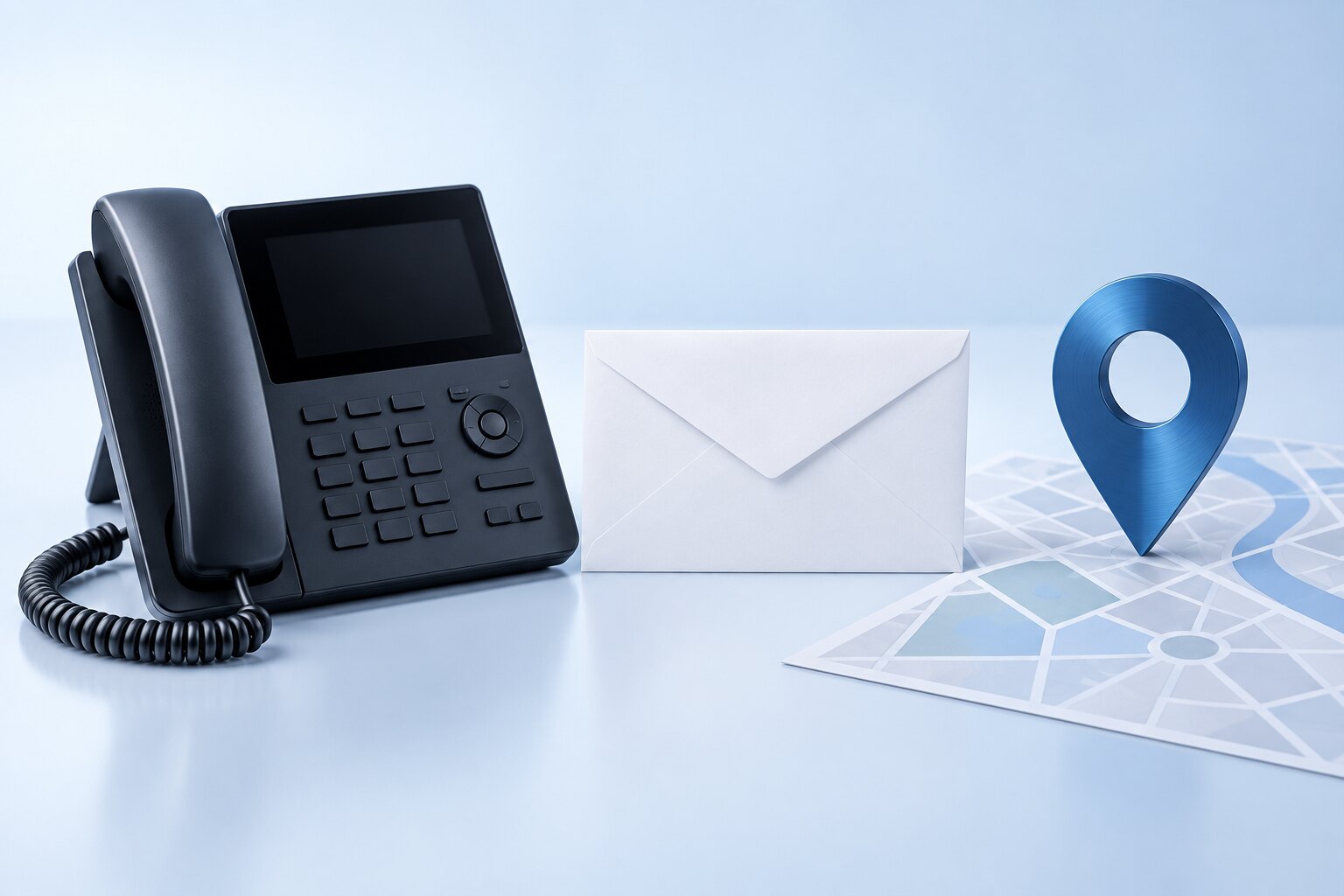 هاتف وظرف ودبوس موقع ترمز إلى قنوات التواصل — Telephone, envelope and location pin representing contact channels