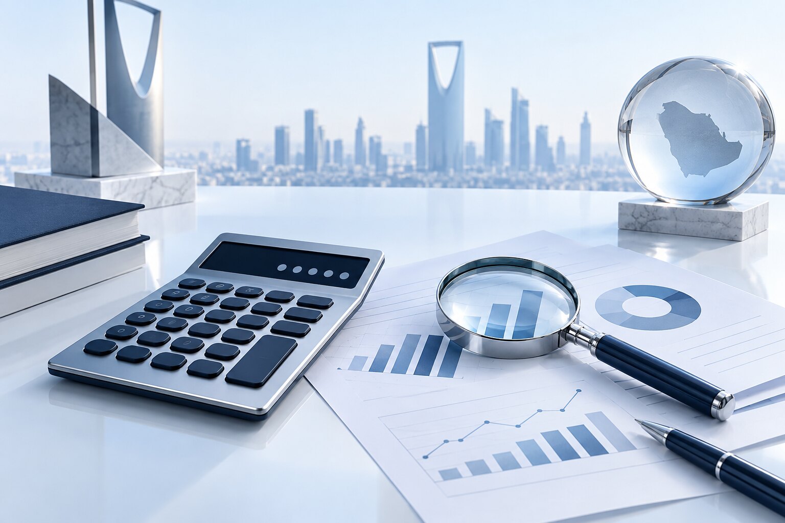 حاسبة وعدسة وتقارير مالية ترمز إلى الدقة والرؤية الواضحة — Calculator, magnifier and financial reports representing precision and clear insight