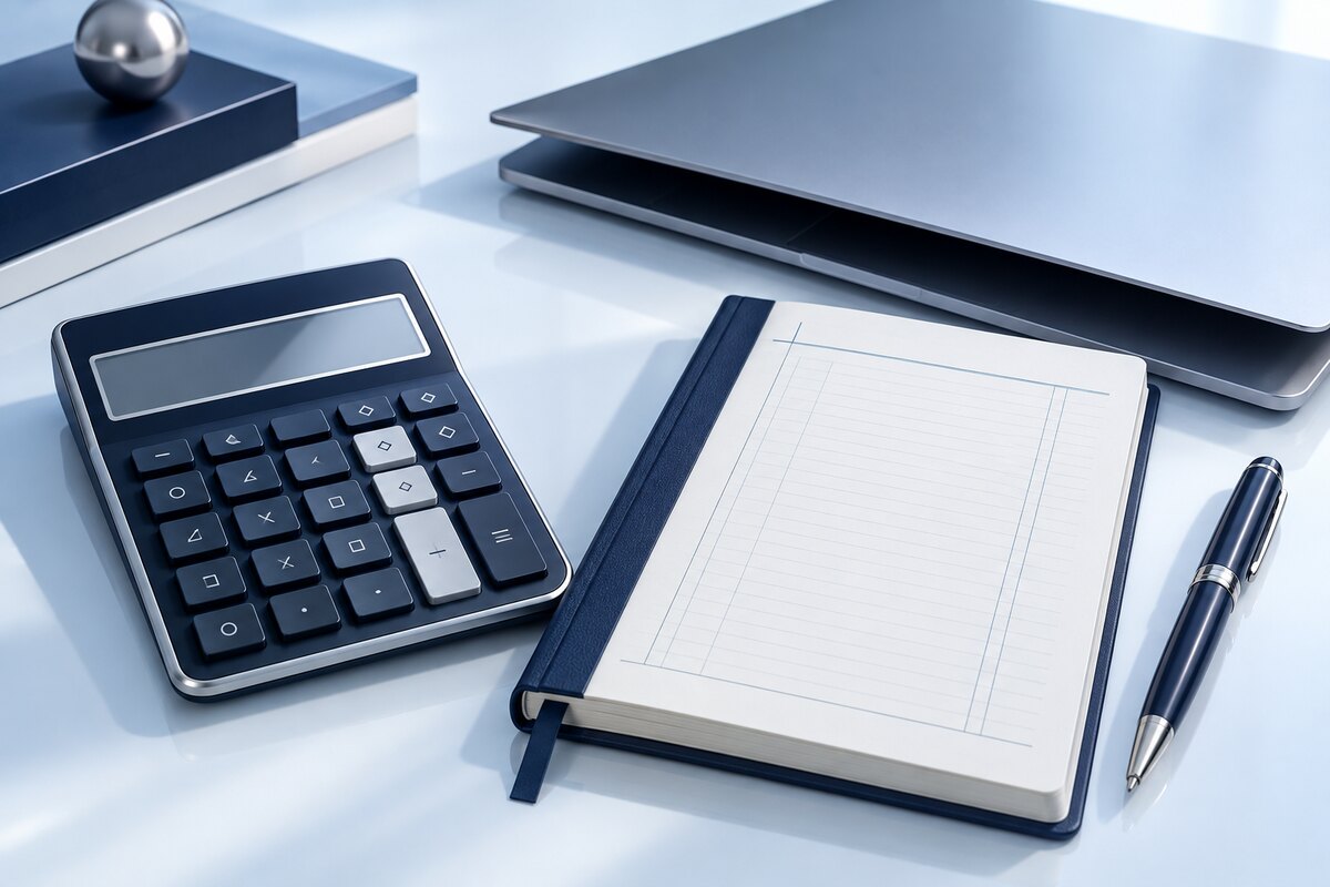 آلة حاسبة حديثة ودفتر قيود — Modern calculator and accounting ledger