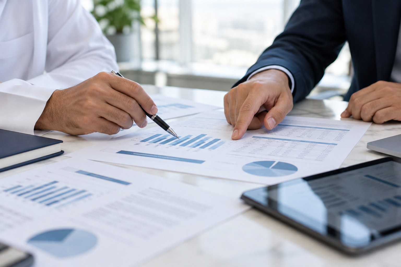 مناقشة وتحليل تقارير مالية ضمن استشارة مهنية — Professionals discussing financial reports