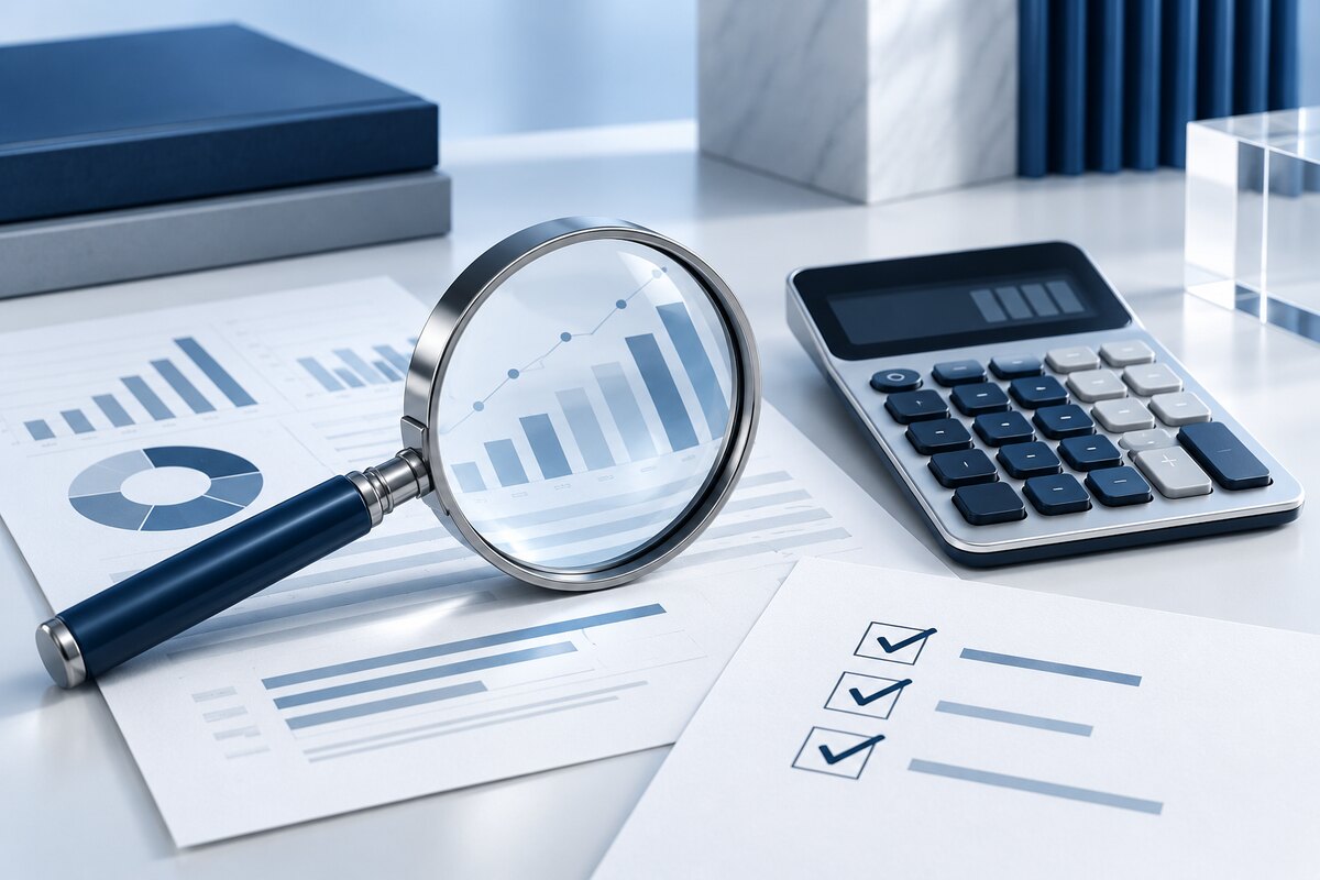 عدسة وحاسبة فوق مستندات مراجعة — Magnifier and calculator over audit documents