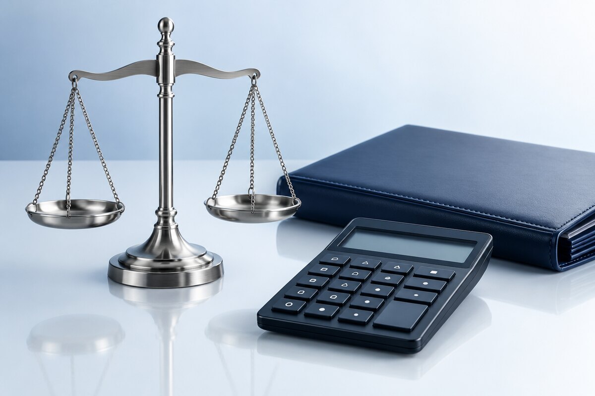ميزان عدالة وحاسبة وملف للقضايا المالية — Scales, calculator and file for financial cases