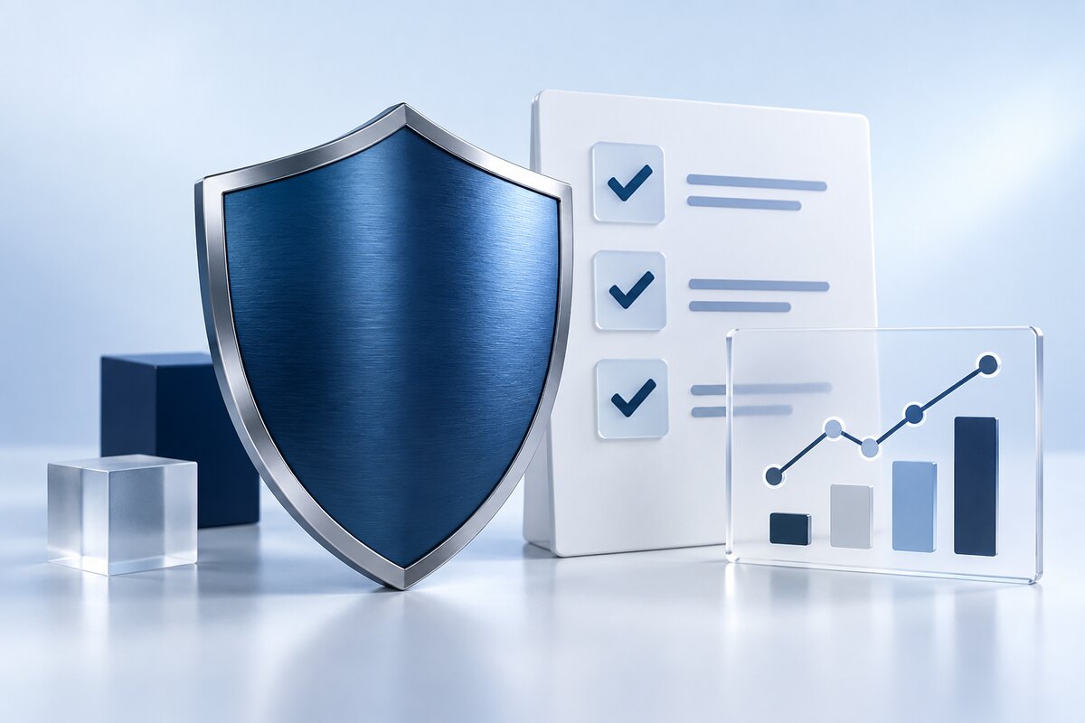 درع وقائمة تحقق ومخطط للمخاطر والالتزام — Shield, checklist and chart for risk and compliance