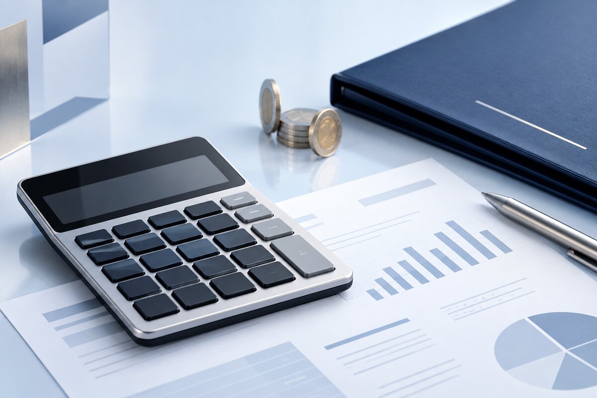 آلة حاسبة وعملات وأوراق مالية للزكاة والضرائب — Calculator, coins and financial papers for Zakat and tax