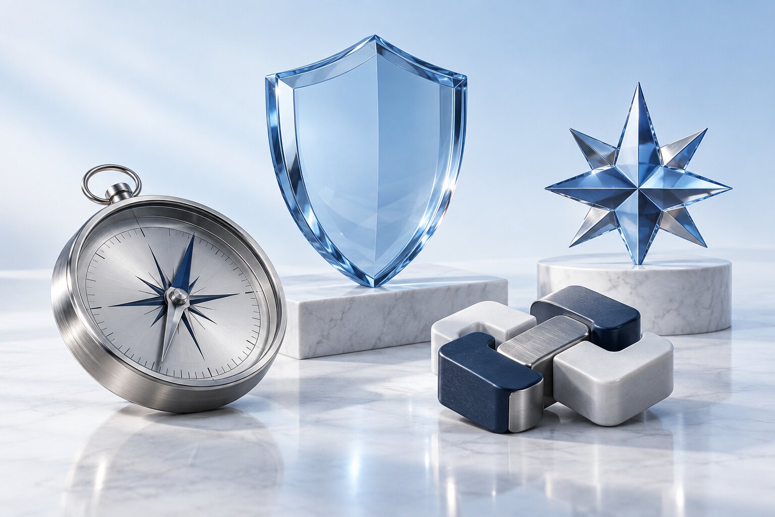 بوصلة ودرع ونجمة وروابط ترمز إلى الرؤية والجودة والقيم — Compass, shield, star and links representing vision, quality and values